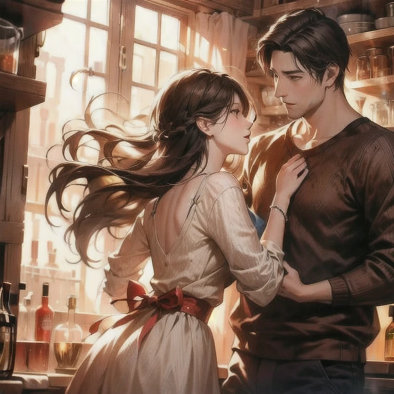 (masterpiece, best quality:1.2), a men is holding a girl's waist from behind, romantic, romantic scenery, cinematic lighting, cinematic scenery, sunlight, romantic, soft light, wallpaper, expanding landscape, 1girl, 1men, full body