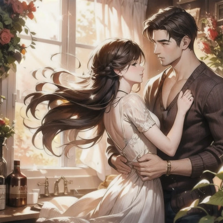 (masterpiece, best quality:1.2), a men is holding a girl's waist from behind, romantic, romantic scenery, cinematic lighting, cinematic scenery, sunlight, romantic, soft light, wallpaper, expanding landscape, 1girl, 1men, full body