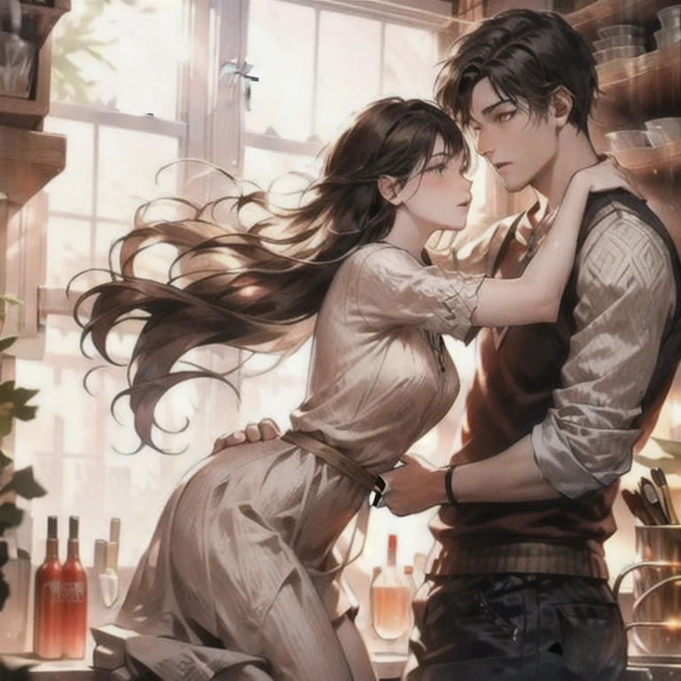(masterpiece, best quality:1.2), a men is holding a girl's waist from behind, romantic, romantic scenery, cinematic lighting, cinematic scenery, sunlight, romantic, soft light, wallpaper, expanding landscape, 1girl, 1men, full body