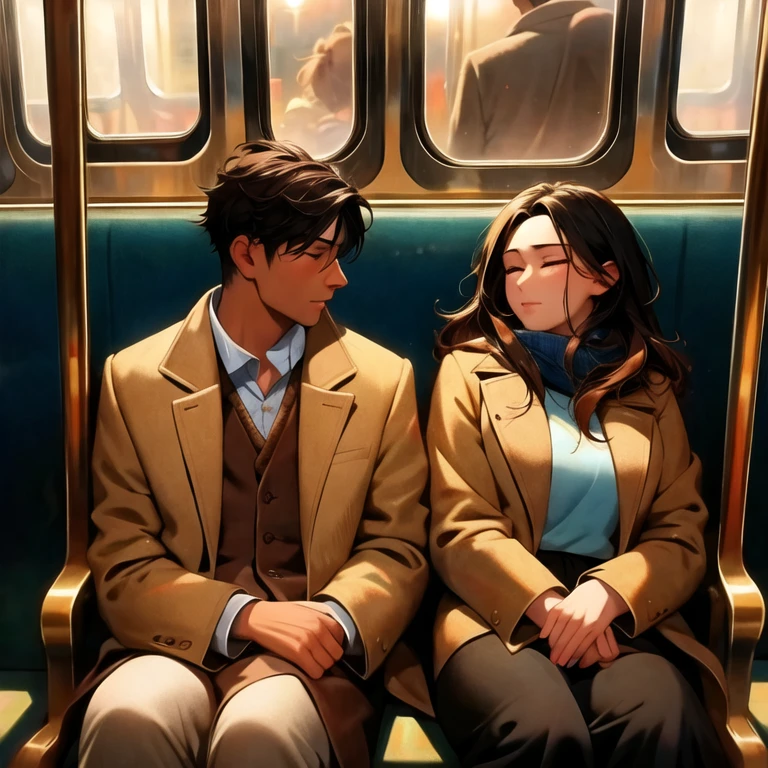 (masterpiece, best quality:1.2), a men and a girl are sitting closely to each other on the train, closing eyes, the girl is laying her head on his shoulder, resting, cozy, comfortable, romantic scenery, cinematic lighting, cinematic scenery, romantic, soft light, wallpaper, expanding landscape, 1girl, 1men
