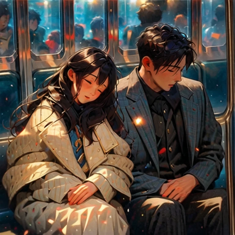 (masterpiece, best quality:1.2), a men and a girl are sitting closely to each other on the train, closing eyes, the girl is laying her head on his shoulder, resting, cozy, comfortable, romantic scenery, cinematic lighting, cinematic scenery, romantic, soft light, wallpaper, expanding landscape, 1girl, 1men