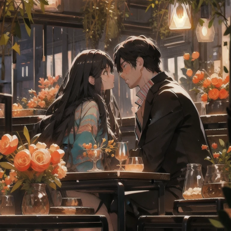 (masterpiece, best quality:1.2), a men and a girl are facing each other, sitting closely, eye contact, sweet facial expression, romantic, romantic scenery, cinematic lighting, cinematic scenery, romantic, soft light, wallpaper, expanding landscape, 1girl, 1men
