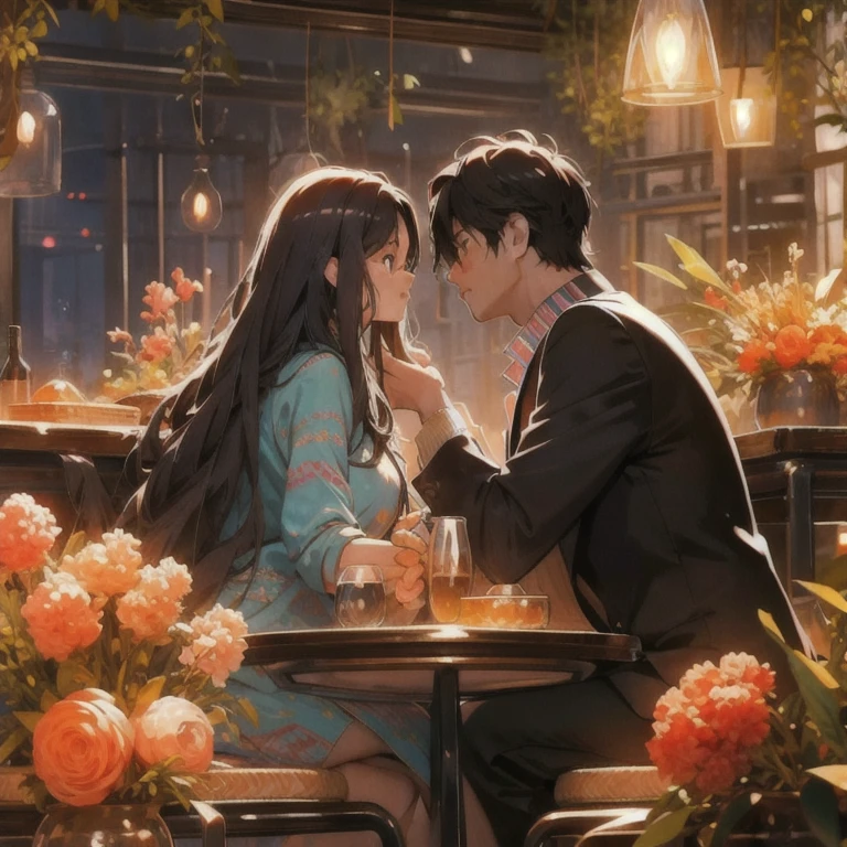 (masterpiece, best quality:1.2), a men and a girl are facing each other, sitting closely, eye contact, sweet facial expression, romantic, romantic scenery, cinematic lighting, cinematic scenery, romantic, soft light, wallpaper, expanding landscape, 1girl, 1men