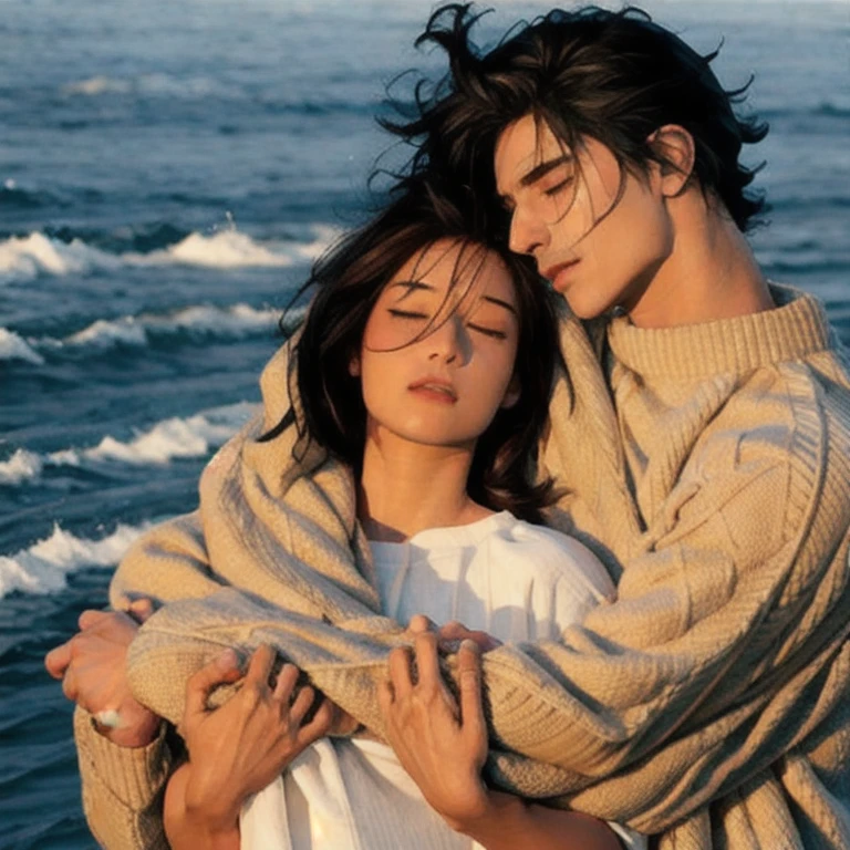 (masterpiece, best quality:1.2), a men is hugging a girl from behind, the girl looks down warmly, the men is closing eyes, sweet facial expression, cozy, romantic, romantic scenery, cinematic lighting, cinematic scenery, romantic, soft light, wallpaper, expanding landscape, 1girl, 1men, soft hair men