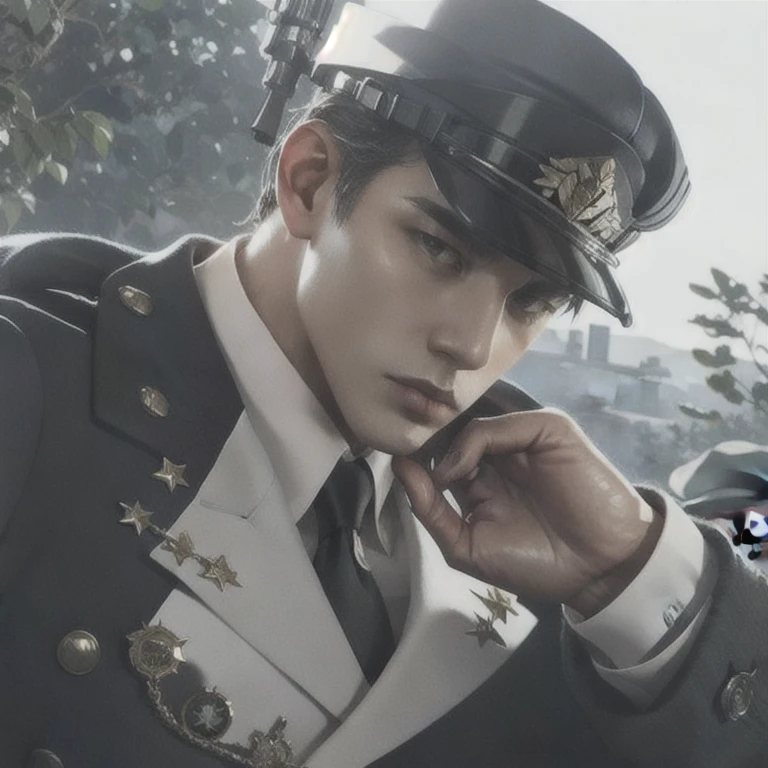 (masterpiece, best quality:1.2), a soldier men is holding his military hat, military uniform, cinematic lighting, cinematic scenery, romantic, soft light, wallpaper, expanding landscape,1men, solo men