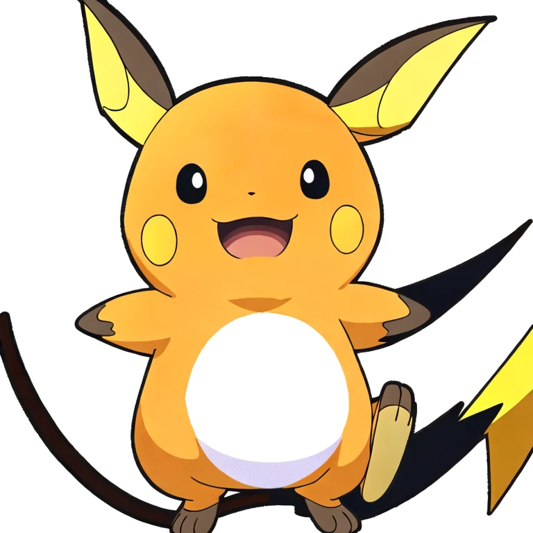 (masterpiece, best quality:1.2,simple background,white back ground),raichu \(pokemon\),pokemon \(creature\),black eyes,looking at viewer,no humans,orange body,white belly, yellow cheeks, ears, tail