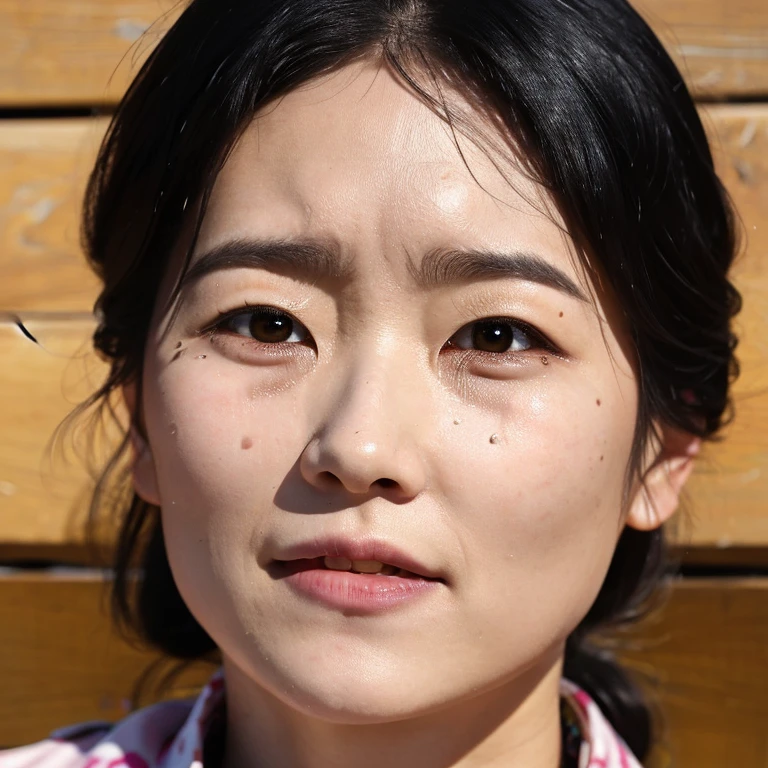 ((Top Quality)), ((8K)), ((Masterpiece: 1.3)), (Perfect Appearance), (Photorealism: 1.6), 1japanese woman, (32 years old), ((Realistic skin texture)), (Fine wrinkles throughout the skin: 1.3), (Dull skin: 1.1), (Skin without moisture: 1.2) , (Wrinkles on the face: 0.9), (Wrinkles on the corners of the eyes: 1.2), Double eyelids, tear bags on the lower eyelids, (Crying moles: 0.9), The eyes are looking here, serious gaze, (Dimples: 1.2),