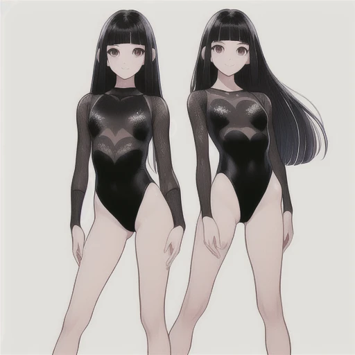 ((full body)),(masterpiece, best quality), (2 girls1.5) ,((Contrapposto:1.5)), looking at viewer, walking,((v_arms:1.2)), (wearing gymnastics_longsleeves_leotard_outfit leotard:1.3),(simple leotard:1.3),(black print leotard:1.3) ,, BREAK masterpiece black hair, ((long hair:1.2)), ((parted bangs:1.3)), black eyes, good hand, ((small breasts)), (over 20 years old, under 25 years old:1.2), , spotlight, happy, smile, BREAK white background
