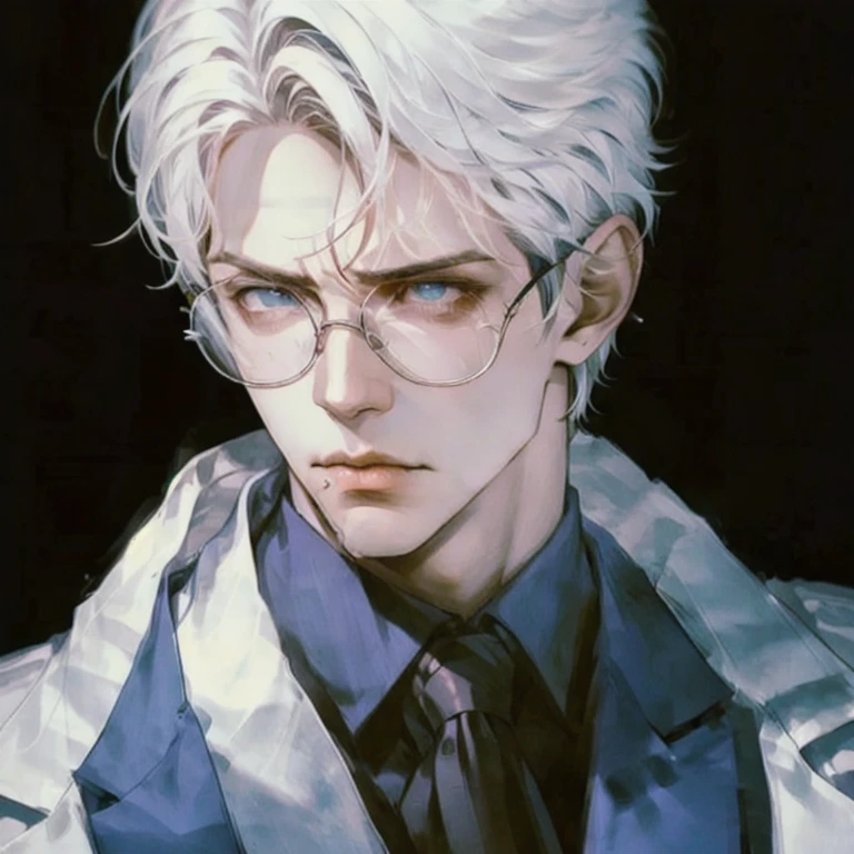 (masterpiece, best quality:1.2), a handsome men wears glasses, sharp eyes, serious look, strong jawline, masculine face, slightly frown, forehead, detailed eyes, sparkling tears, cinematic lighting, soft light, cinematic scenery