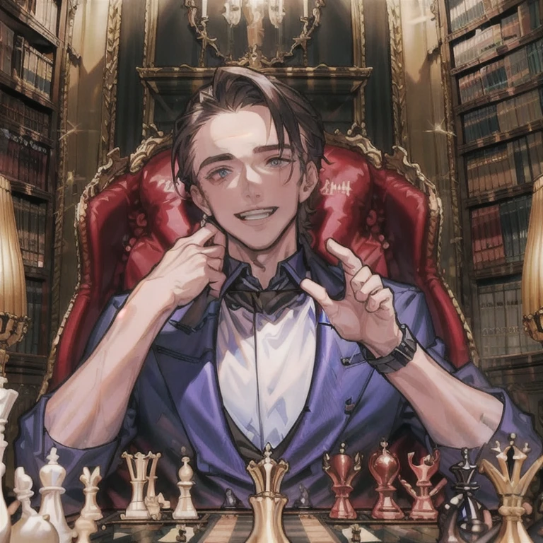 (masterpiece, best quality:1.2), a handsome men is inviting viewer to play chess, the men is sitting behind a chess board, crazy eyes, bright smile, strong jawline, masculine face, chess board, forehead, detailed eyes, emotional eyes, cinematic lighting, soft light, cinematic scenery