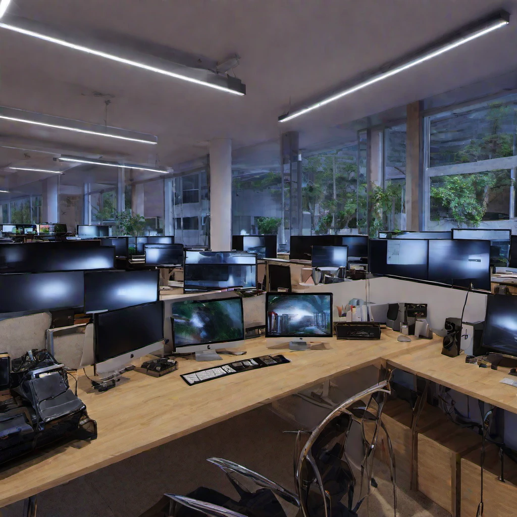 (masterpiece, best quality:1.2), office, computer room, lot of computers, computers everywhere, dynamic light, RAW, best photo