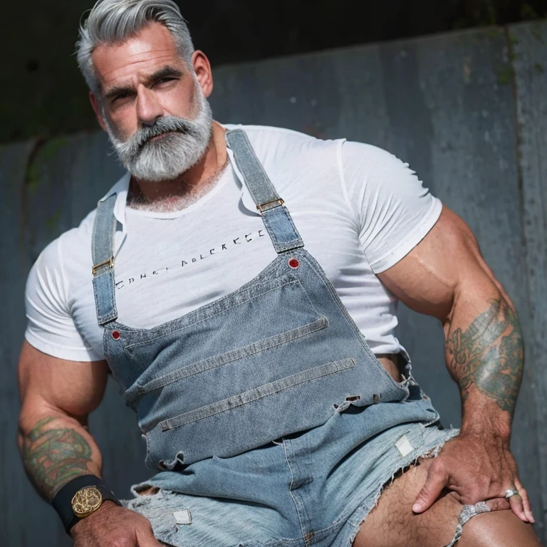 (masterpiece, best quality:1.2), 1man, farmer, solo, macho, hairy, muscular, male focus, dark eyes, dark eyebrows, grey beard, hairy body, muscular pecs, hairy pectorals, big bulging crotch, nice crotch, naked, handsome face, handsome older man, muscular body, tan skin, grey hair, white hair, grey chest hair, grey beard, white beard,