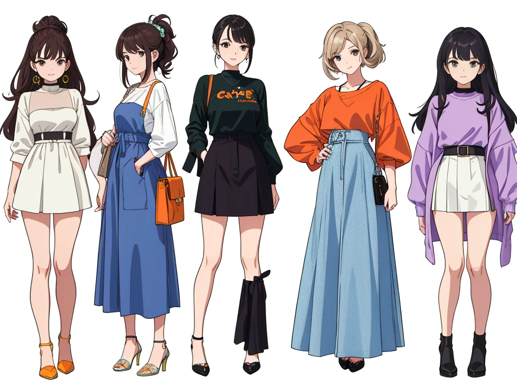(((Best Quality))) , ((full body)), female, multiple views, white background, variety of hairstyles, variety of fashion styles, seductive pose, fashionable and trendy atmosphere, holding bag, holding iphone,
blue, orange, green, violet, brown, white, spring theme,