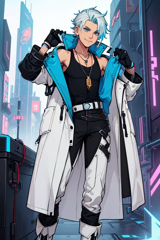 male, brownish tan short hair, blue eyes, (((1boy))), (((white sleeveless cyberpunk coat with blue trim))), (black long sleeve v-neck t-shirt), (necklace with dragon head pendant), (black pants with blue trim), (black white cybernetic boots), (black fingerless gloves), long legs, smiling, single person