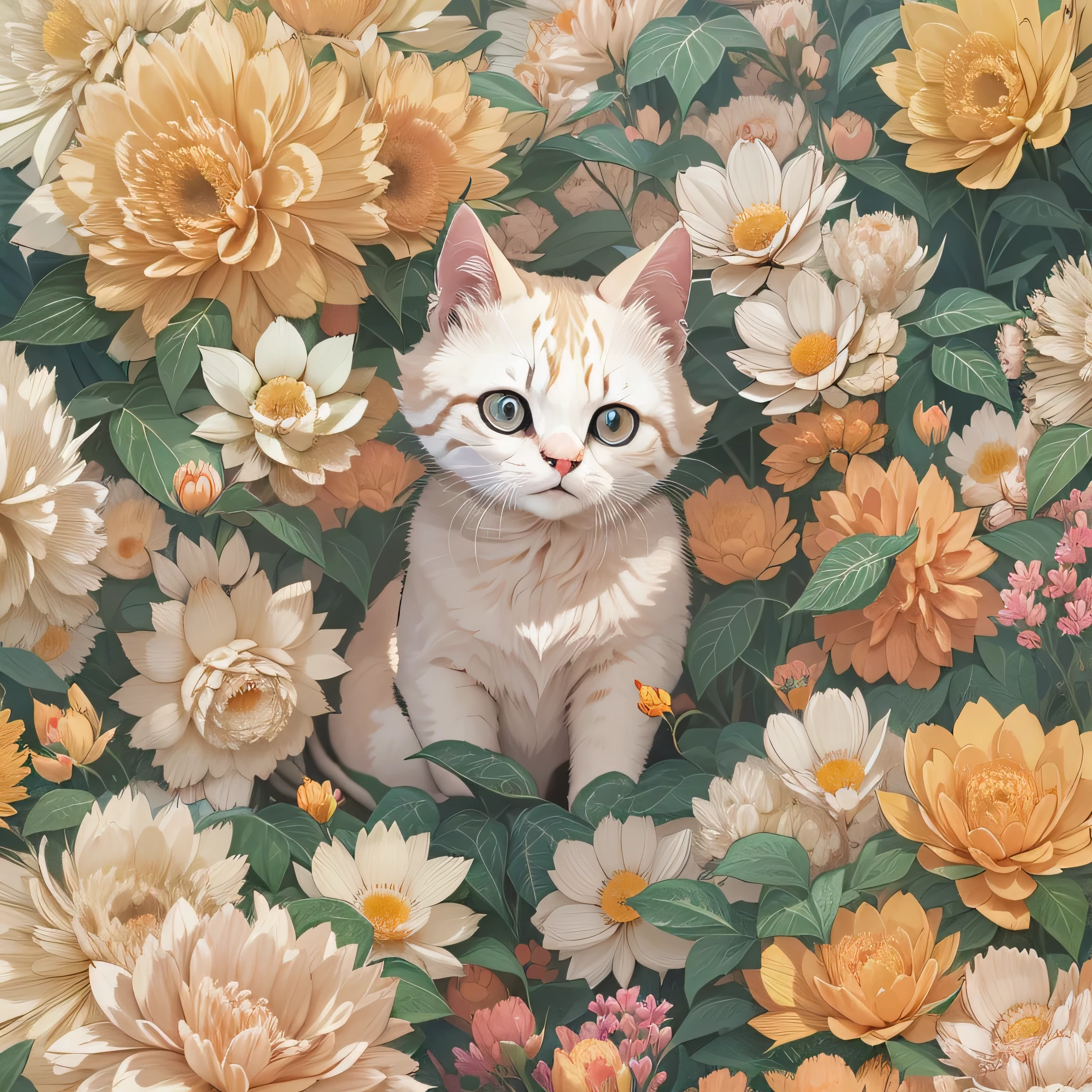 there is a Cat that is sitting in the flowers, Vector art inspired by Cyril Rolland, pixiv Contest Winner, fur art, In the style of digital illustration, Just a joke, In the Ukiyo-e art style, Highly detailed vector art, Lofi Art, a painting of a Cat, Cute and detailed digital art, Cat. Digital Painting