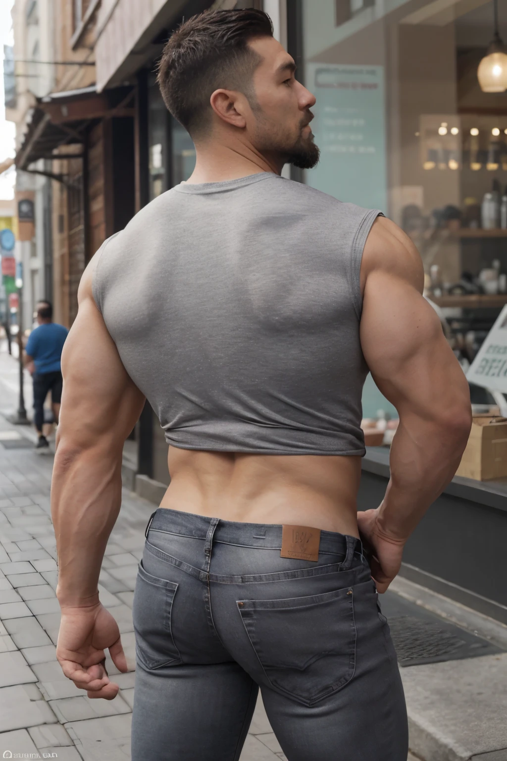 eso_Shang, Camiseta sin mangas, big muscles, muy nalgon, hombros anchos, large pectorales, big biceps, calle moderna,  cuerpo completo, Barbas de chivo, ultra realistic, sudor, gray black jeans backside steep above the knees backside 
