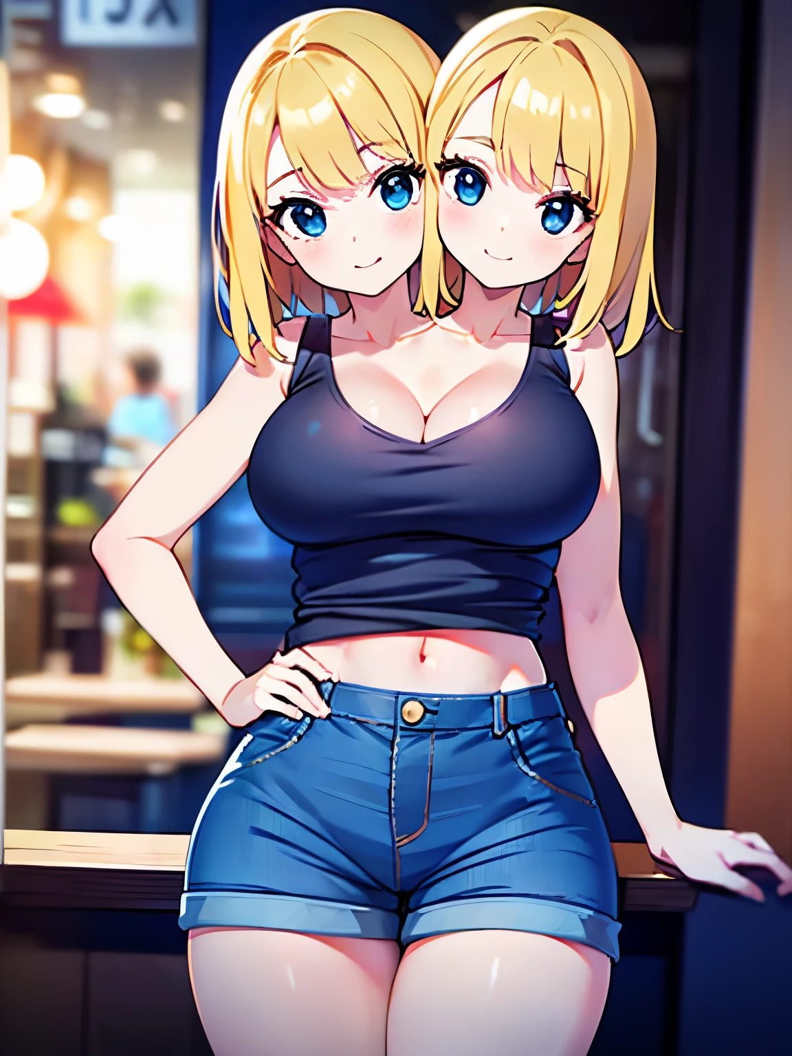 best quality, (masterpiece),(ultra-detailed), (high quality), (high resolution), ((2heads:1.5)), best quality:1.5, highres, UHD, 16K), smiling, highres, masterpiece, (blonde hair), (cleavage), ((black tank top:1.5)), medium long hair, ((blue denim shorts:1.5)), lustrous and smooth skin, (mature woman), (black eyes), (cute face), (exposed midriff), seductive silhouette, ((slim hips)), casual dress, sexy proportions, young girl with accentuated slender abs, long legs, seductive woman, lustrous woman, detailed eyes