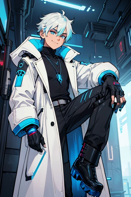 male, brownish tan short hair, blue eyes, (((1boy))), (((white cyberpunk coat with blue trim))), (black long sleeve v-neck t-shirt), (necklace with dragon head pendant), (black pants with blue trim), (black white cybernetic boots), (black fingerless gloves), long legs, smiling, single person