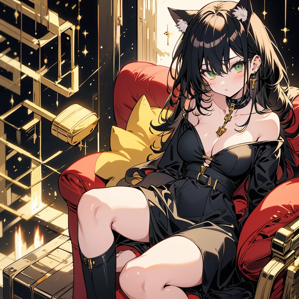 masterpiece, high quality, highres, absurdres, anime style, hentai style, moe style, ultra-detailed, 8k, colourful green eyes, detailed eyes, bright eyes, black hair, long hair, 1girl, cat girl, cat ears, sexy body, sitting, large breasts, green eyes, black clubbing dress, cleavage, thighs, sitting on a red beanbag chair, pouting, blush, mad