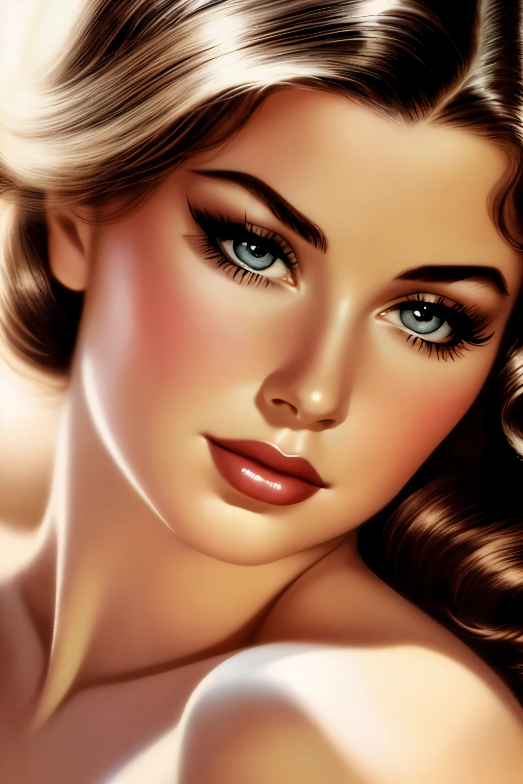 1970s,by Alberto Vargas,(Best quality, work of art), ultra-detailed and delicate portrait of a beautiful and timeless girl,noir woman, sultry eyes, closeup, style of Rolf Armstrong, light and shadow,charge of face,sexy face, beautifull nose, make different hair, make variations female noses,woman of Switzerland