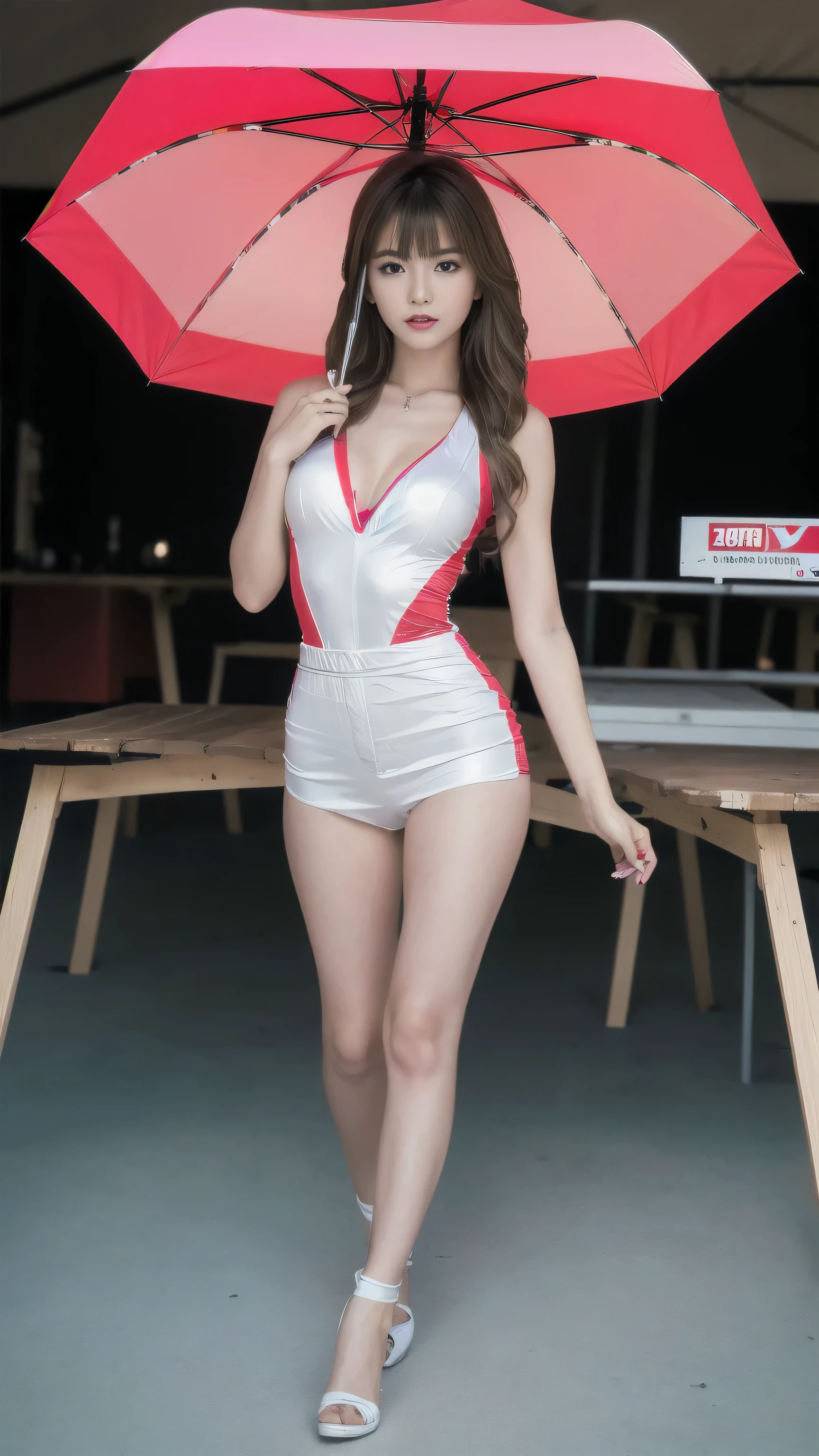 (highest quality, 8k, On the table, Ultra-high resolution: 1.3), One Girl,  ,Light brown hair, Blunt bangs, hair behind the ear, Hair that falls over the shoulders, Long Hair,  Slim figure, Super thin face, Delicate lips, Beautiful Eyes, double eyelid, lipstick, Lightly reddish ,Green Eyes ,perfect glowing skin,Perfect Skin,White skin,sweating,captivate your gaze,Huge ,time, very thin fingers,((Sexy high leg)),((Race Queen Costume;1.4)),F1 Circuit,((Holding a colorful umbrella))，Showing off your breasts，expose one&#39;s chest，Huge ，Huge ，Includes sponsor logos