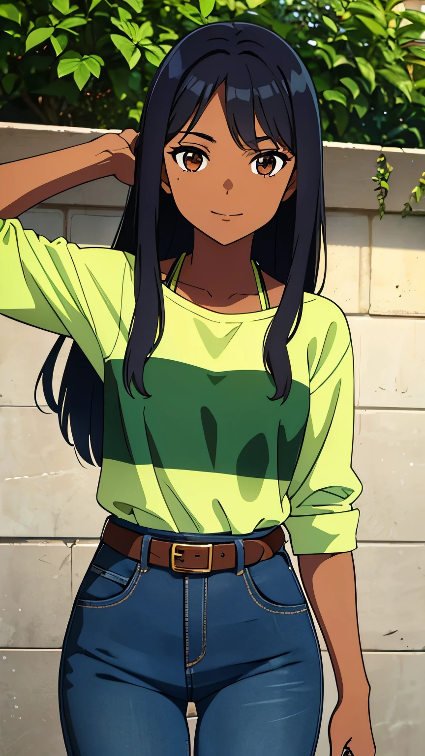 dark skin and straight hair, approximately 21 years old and with a cheerful personality, she was wearing a green and denim blouse and in the middle a brown belt that showed off her thin waist,