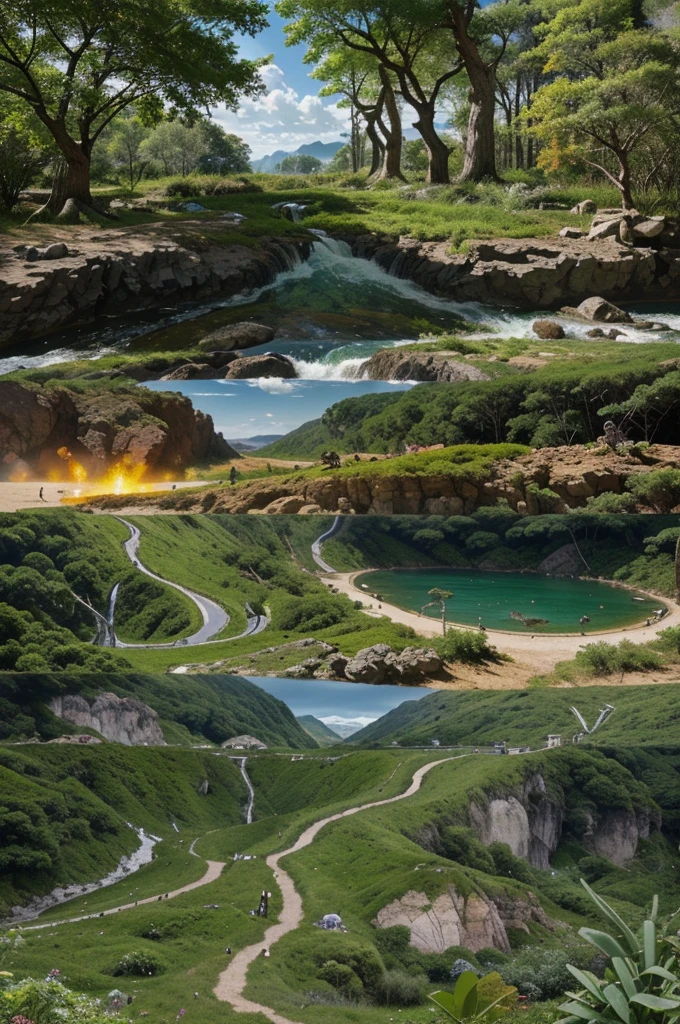 Make a collage of an ecosystem that has a plant biotic and animal biotic factor, chemical abiotic and physical abiotic, an energy factor, a climatic factor and a subtractive factor, that has an adaptation for a plant and for an animal that is related to the developed ecosystem
