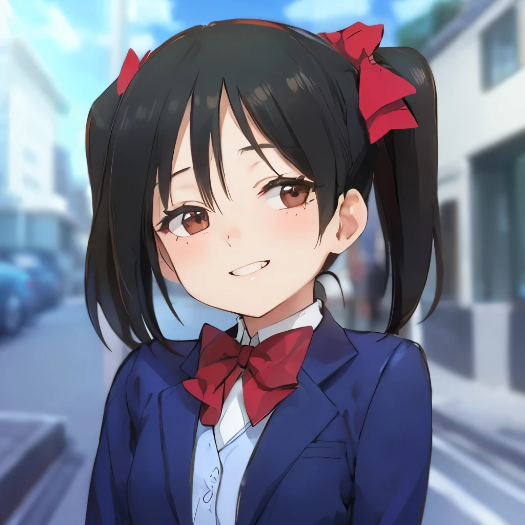 high quality, masterpiece. girl. clothing blue jacket. red bow. dark hair. grin. Closed eyes. Hair ponytail. Brown eyes. against the background of the street.
