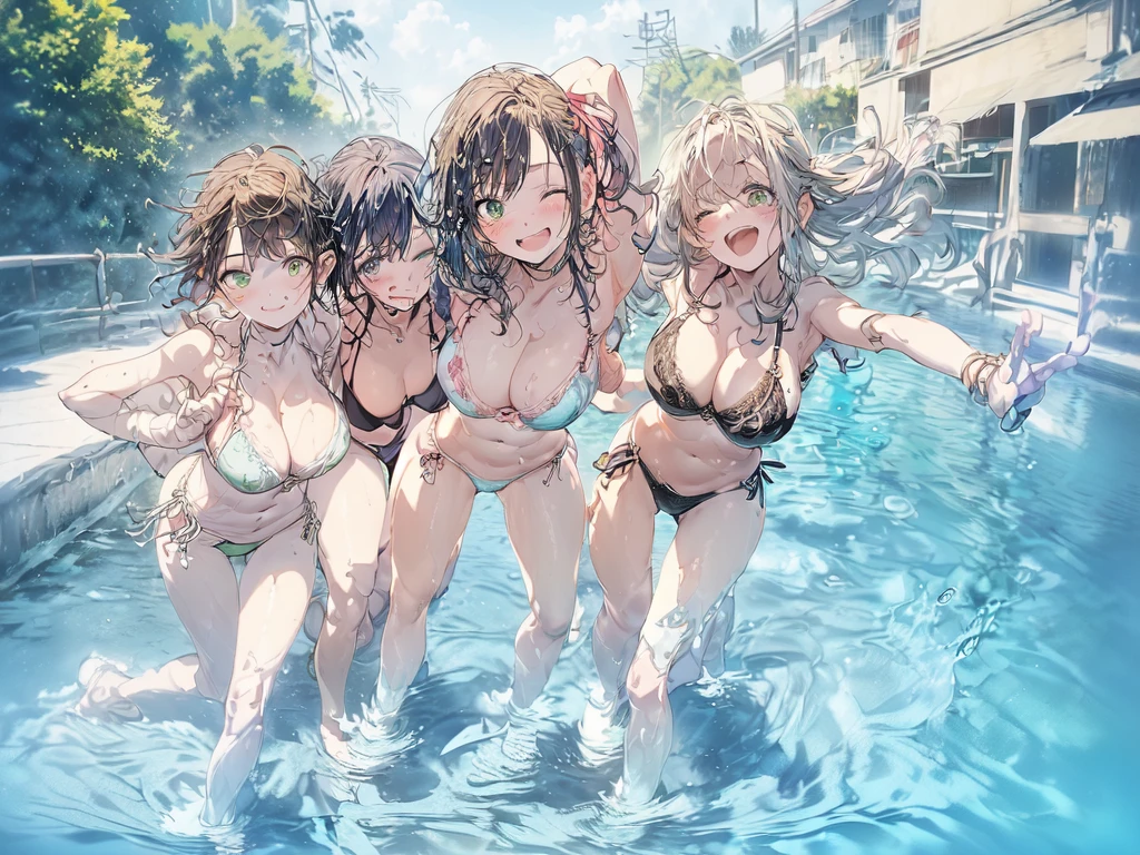 nswf:1.3,((masterpiece, highest quality, High resolution, 超High resolution, Pixel Perfect, Written boundary depth, 4k, RTX, human development report))), 1 girl, single, alone, beauty、View the whole body、((((looking up at viewer)))), (masterpiece: 1.2, highest quality, masterpiece, Clearer images), (Bright colors), ((Take clear photos even from a distance)), (Multiple Girls), (Harem),(School classmates), (field),(()), (cute Japanese((6 girls), (((infant' Face))), ((Group shot)), ((Group selfie)),((youth)),(Have fun),Wide-angle, Soft Light, (Slightly larger breasts), ((viewers love it)), Landscape、((breast grab:1.3)),(((bra lift:1.2)))、((Green Eyes, Beautiful eyelashes, Realistic eyes)), ((Detailed face, blush:1.2)), ((Smooth texture:0.75, Vibrant质感:0.65, Vibrant:1.1, Anime CG Style)), Medium breast, Perfect body, Beautiful curves、beautiful legs、thin、smile, Aerith Gainsborough, Hair Ribbon, bracelet, brown hair, Side Lock, Parted bangs, Green Eyes, Braid, (((bikini))),(((Award-winning swimwear designs))),(Stand with your feet apart), ((((Are standing)))), (Her legs were spread), (Made to stand with legs apart..) ,((Attractive way to stand)),(((Uplifting)))、(water droplets:1.4)、(Rising Wind:1.5),please stand facing me、 thin脚, ((((open legs:1.5)))、((breast grab:1.3)),(((bra lift:1.2)))、((one eye closed))、((selfie))、(peace sign)、((Hair fluttering in the wind)),((hold hair with hands)),((arm behind head)),(((leaning forward)))、((((Flirting)))),Inner thighs、