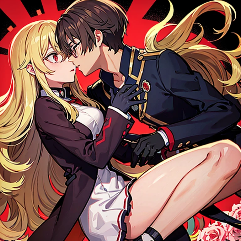 1 chico con pelo negro, Red jacket and glasses romantically kissing a girl with blonde hair and red eyes. Campo de flores al fondo., amor verdadero, mejillas sonrojadas, alta calidad 