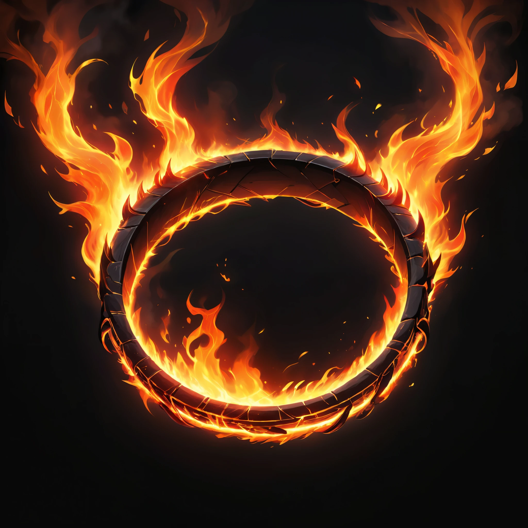 pixel art, cartoon illustration, fire ring, simple black background, game icon 