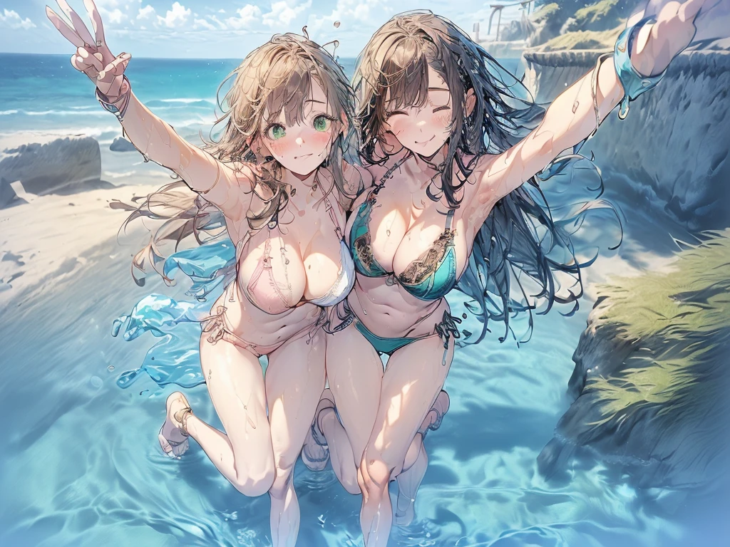 nswf:1.3,((masterpiece, highest quality, High resolution, 超High resolution, Pixel Perfect, Written boundary depth, 4k, RTX, human development report))), 1 girl, single, alone, beauty、View the whole body、((((looking up at viewer)))), (masterpiece: 1.2, highest quality, masterpiece, Clearer images), (Bright colors), ((Take clear photos even from a distance)), (Multiple Girls), (Harem),(School classmates), (field),(()), (cute Japanese((6 girls), (((infant' Face))), ((Group shot)), ((Group selfie)),((youth)),(Have fun),Wide-angle, Soft Light, (Slightly larger breasts), ((viewers love it)), Landscape、((breast grab:1.3)),(((bra lift:1.2)))、((Green Eyes, Beautiful eyelashes, Realistic eyes)), ((Detailed face, blush:1.2)), ((Smooth texture:0.75, Vibrant质感:0.65, Vibrant:1.1, Anime CG Style)), Medium breast, Perfect body, Beautiful curves、beautiful legs、thin、smile, Aerith Gainsborough, Hair Ribbon, bracelet, brown hair, Side Lock, Parted bangs, Green Eyes, Braid, (((bikini))),(((Award-winning swimwear designs))),(Stand with your feet apart), ((((Are standing)))), (Her legs were spread), (Made to stand with legs apart..) ,((Attractive way to stand)),(((Uplifting)))、(water droplets:1.4)、(Rising Wind:1.5),please stand facing me、 thin脚, ((((open legs:1.5)))、((breast grab:1.3)),(((bra lift:1.2)))、((one eye closed))、((selfie))、(peace sign)、((Hair fluttering in the wind)),((hold hair with hands)),((arm behind head)),(((leaning forward)))、((((Flirting)))),Inner thighs、