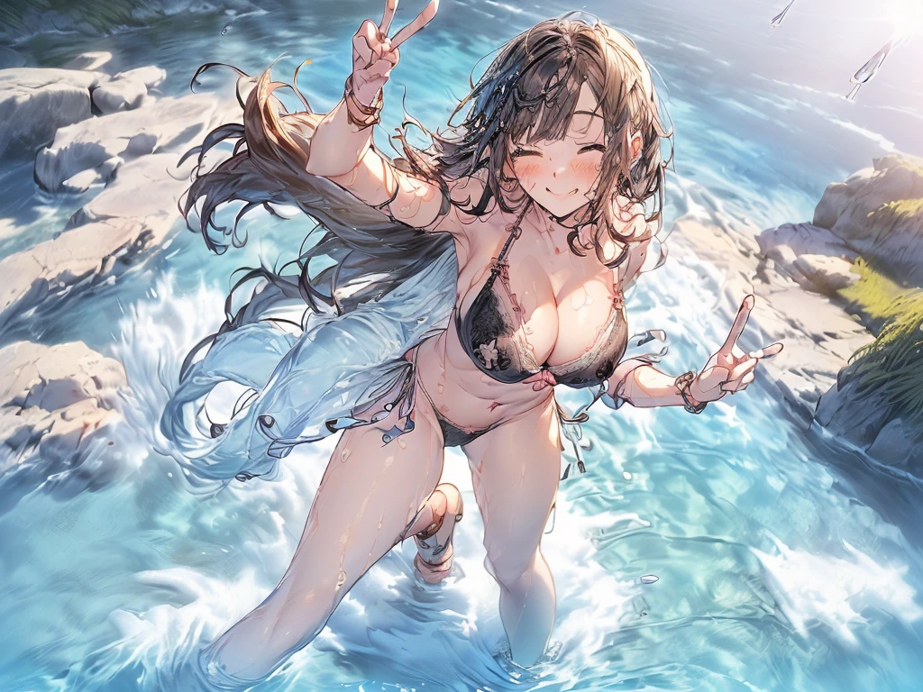nswf:1.3,((masterpiece, highest quality, High resolution, 超High resolution, Pixel Perfect, Written boundary depth, 4k, RTX, human development report))), 1 girl, single, alone, beauty、View the whole body、((((looking up at viewer)))), (masterpiece: 1.2, highest quality, masterpiece, Clearer images), (Bright colors), ((Take clear photos even from a distance)), (Multiple Girls), (Harem),(School classmates), (field),(()), (cute Japanese((6 girls), (((infant' Face))), ((Group shot)), ((Group selfie)),((youth)),(Have fun),Wide-angle, Soft Light, (Slightly larger breasts), ((viewers love it)), Landscape、((breast grab:1.3)),(((bra lift:1.2)))、((Green Eyes, Beautiful eyelashes, Realistic eyes)), ((Detailed face, blush:1.2)), ((Smooth texture:0.75, Vibrant质感:0.65, Vibrant:1.1, Anime CG Style)), Medium breast, Perfect body, Beautiful curves、beautiful legs、thin、smile, Aerith Gainsborough, Hair Ribbon, bracelet, brown hair, Side Lock, Parted bangs, Green Eyes, Braid, (((bikini))),(((Award-winning swimwear designs))),(Stand with your feet apart), ((((Are standing)))), (Her legs were spread), (Made to stand with legs apart..) ,((Attractive way to stand)),(((Uplifting)))、(water droplets:1.4)、(Rising Wind:1.5),please stand facing me、 thin脚, ((((open legs:1.5)))、((breast grab:1.3)),(((bra lift:1.2)))、((one eye closed))、((selfie))、(peace sign)、((Hair fluttering in the wind)),((hold hair with hands)),((arm behind head)),(((leaning forward)))、((((Flirting)))),Inner thighs、