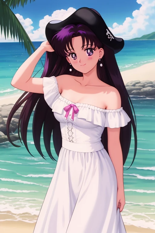 1990s \(style\), masterpiece, best quality, highres, outdoors, small breasts, 1 girl, Solo, Rei Hino, Purple Eyes, Beautiful Detail Eyes, Long Black Hair, Straight Hair, Good hands are down, Smile, Blushing, Bare Neck, Bare Shoulders, strapless, White Ruffle Off-the-Shoulder maxi dress. Pearl earrings. Cowboy shot. A landscape of blue skies, pirate ship with a black flag far away, an ocean with a beach. In the center. Looking at the viewers. Smile