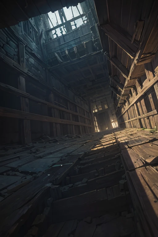 inside of an old delapidated tower, ((darkness)), looking up, POV, ancient scrolls