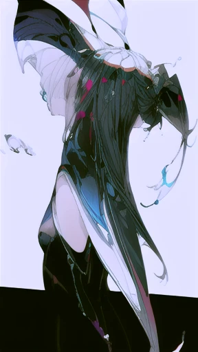 Sure, here is a detailed prompt for the image in English:

---

The image features a young woman with shoulder-length black hair standing against a two-toned background. The background is split vertically with the left side in a deep black and the right side in a light gray. The contrast between these colors creates a striking visual effect that draws the viewer's attention to the central figure.

The woman is positioned in profile, facing to the left. Her eyes are closed, and her expression is calm and serene, suggesting a moment of introspection or meditation. She is dressed in a white garment that appears to be disintegrating or merging with the background in an abstract manner.

From the left side of her body, black liquid-like splashes seem to emerge and blend into the dark background. These black splashes create a dynamic and somewhat chaotic effect, as if she is dissolving into the darkness. On the right side, contrasting white splashes emanate from her body, merging into the light gray background. This side appears more fluid and ethereal, giving a sense of purity and lightness.

The interplay between the black and white elements, combined with the woman's calm demeanor, creates a powerful representation of duality and balance. The abstract splashes add an element of movement and transformation, as if she is caught in the process of changing states or merging with her surroundings.

The overall composition is minimalist yet deeply expressive, utilizing color contrast and abstract forms to convey a sense of inner peace, transformation, and the coexistence of opposites. The image invites viewers to contemplate themes of identity, duality, and the fluid nature of existence.