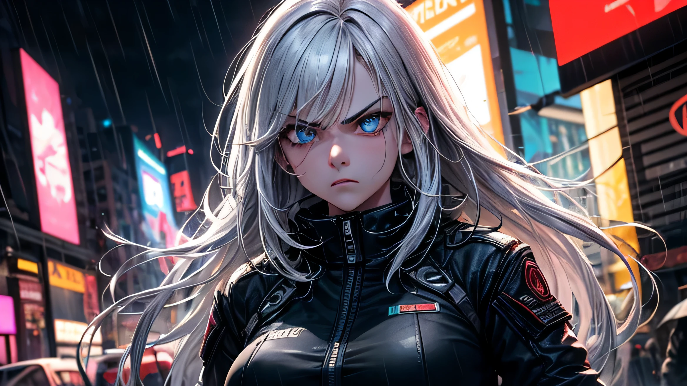 One girl,
Plump body,
Long white hair,
Angry expression,
detailed hair texture,
detailed hair texture, detailed facial expression,
cyberpunk military uniform,
neon district,
night,
rain,