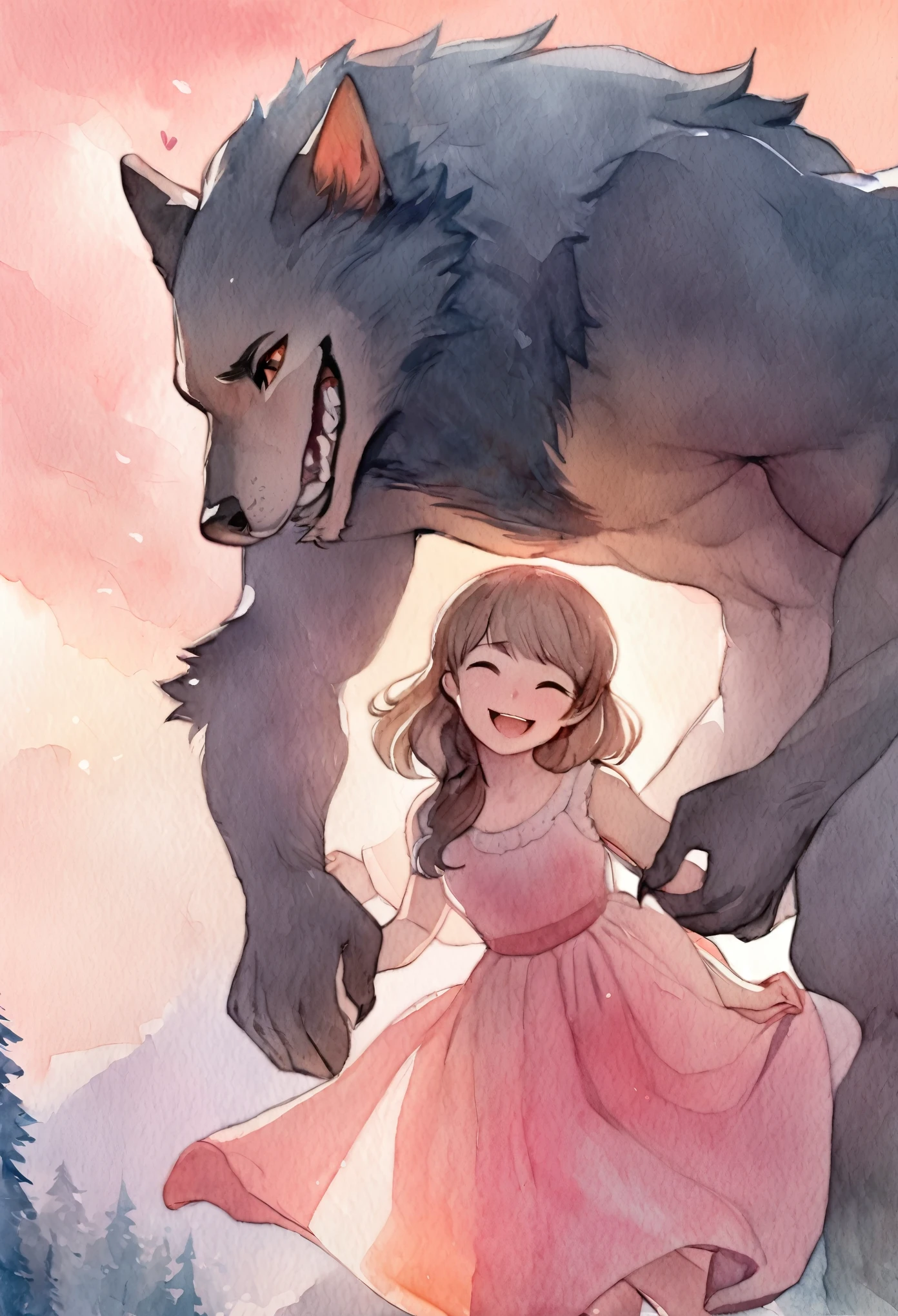 cover page, highres, top quality, best quality, paid reward available, unparalleled masterpiece, perfect artwork, absurdres, High-quality illustrations, watercolor, soft color, love story of human girl and giant Werewolf, love romance, pair, Height difference, Physical difference, perfect anatomy, smile, joyful, play with, smile, happy,