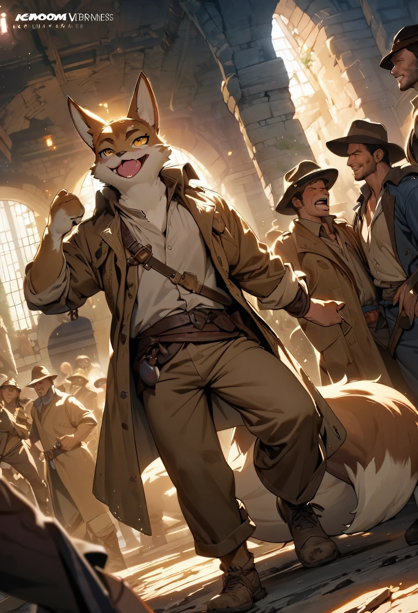 cover page, highres, top quality, best quality, paid reward available, unparalleled masterpiece, perfect artwork, absurdres, High-quality illustrations, laughing, perfect ???????, High-quality illustrations by Michelangelo, by Johannes Vermeer, detailed background, Old Ruins, Dungeons, Indiana Jones series(handsome 1boy, kemono, solo focus, Adventurer, Archaeologist, Dirty Coat and Hat)(furry anthro)(Furry body, fox facial features, fox body features)cinematic lighting, dynamic angle,