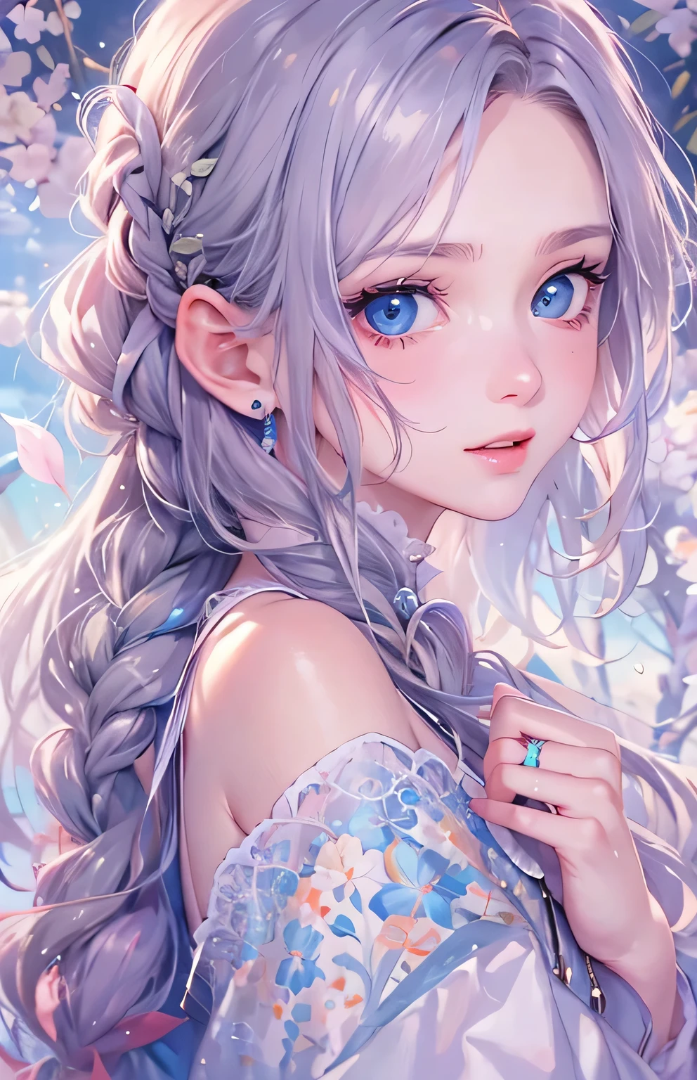 ((highest quality)), ((masterpiece)), (Get used to it), masterpiece、highest quality、High resolution、High-quality images、8k, 1 female、Skin Radiance、Texture of skin and clothing、Expression of fine eyes、Shiny silver hair,Girl with long braided hair, Manga inspired by Lee Jong-suk, Trending on deviantart, realism, detailed manga style, Manga art style, Perfect Line Drawing, Beautiful line art, digital manga art girl, K-POPアイドル, Perfect Face , Adult female , Perfect Face , Adult female , Beautiful light blue eyes , Ariel , in the beautiful sea ,