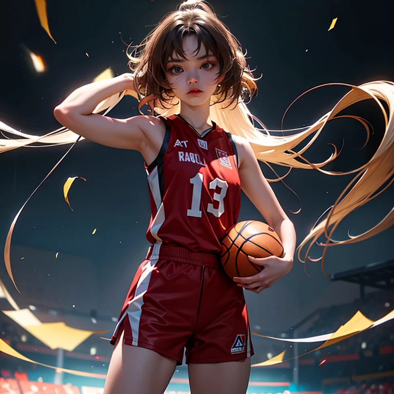 1 girl standing, Wearing a basketball jersey, Very detailed, real, holding ball, 27 years, long hair