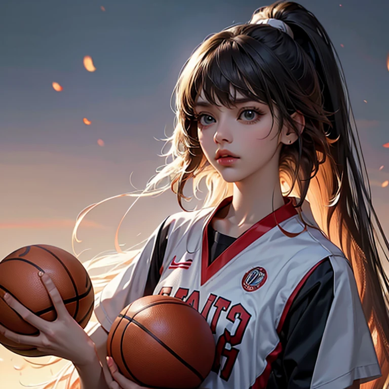1 girl standing, Wearing a basketball jersey, Very detailed, real, holding ball, 27 years, long hair
