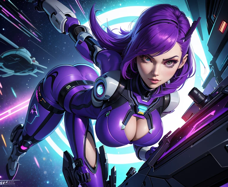 a cartoon picture of a woman with purple hair and a lightning bolt, scifi woman, as a retro futuristic heroine, portrait anime space cadet girl, ghost in the shell style, cute cyborg girl, sci-fi female, beautiful cyborg girl pinup, commission for high res, futuristic starship crew member, echo from overwatch, retrofuturistic female android, inspired by Luma Rouge