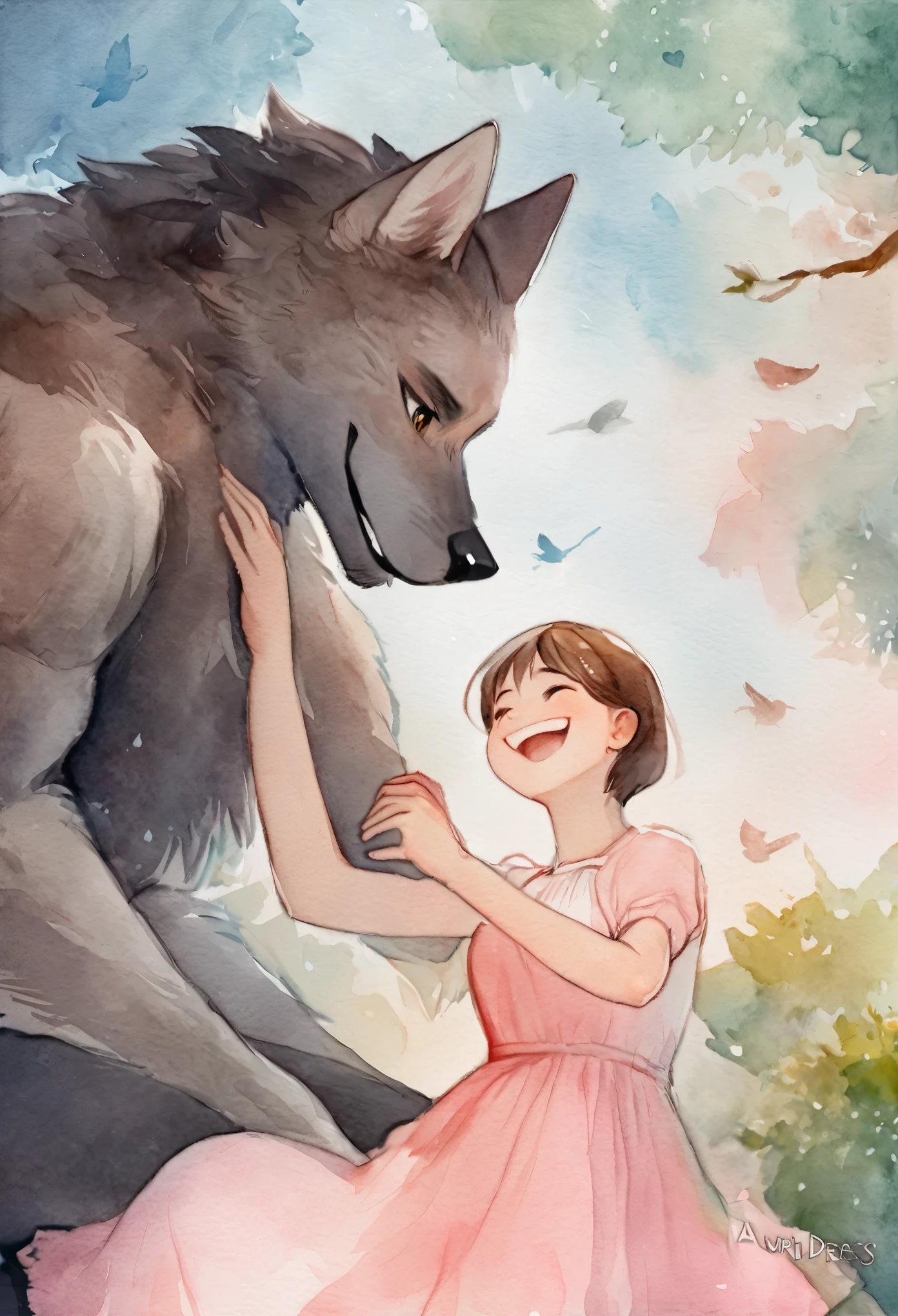 cover page, highres, top quality, best quality, paid reward available, unparalleled masterpiece, perfect artwork, absurdres, High-quality illustrations, watercolor, soft color, love story of human girl and giant Werewolf, love romance, pair, Height difference, Physical difference, perfect anatomy, smile, joyful, play with, smile, happy,