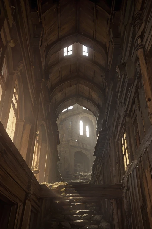 inside of an old delapidated tower, ((darkness)), looking up, POV, ancient parchments and scrolls