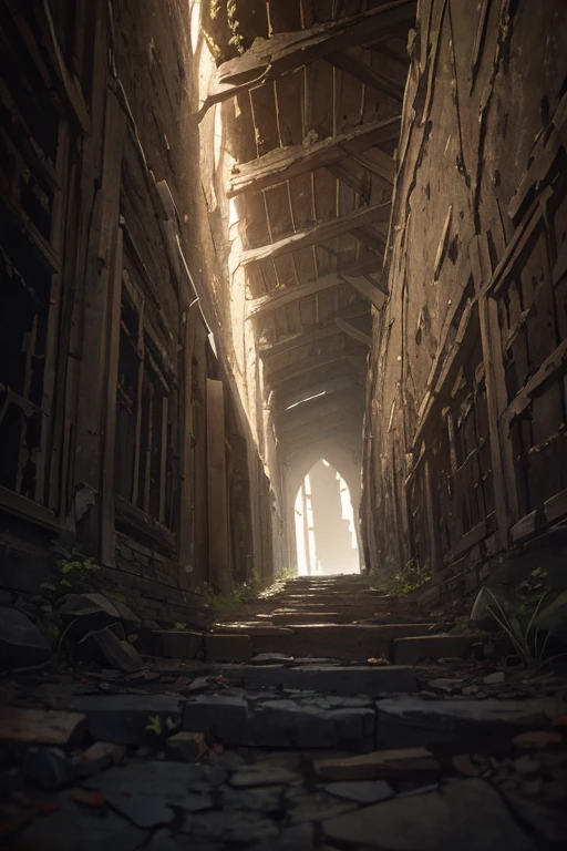 inside of an old delapidated tower, ((darkness)), looking up, POV, ancient parchments and scrolls