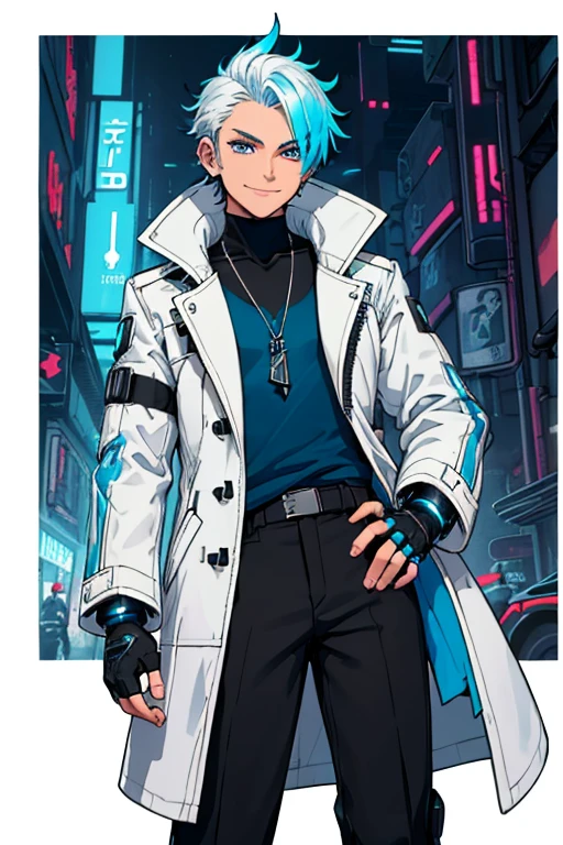 male, brownish tan short hair, blue eyes, (((1boy))), (((white cyberpunk coat with blue trim))), (black long sleeve v-neck t-shirt), (necklace with dragon head pendant), (black pants with blue trim), (black white cybernetic boots), (black fingerless gloves), long legs, smiling, single person