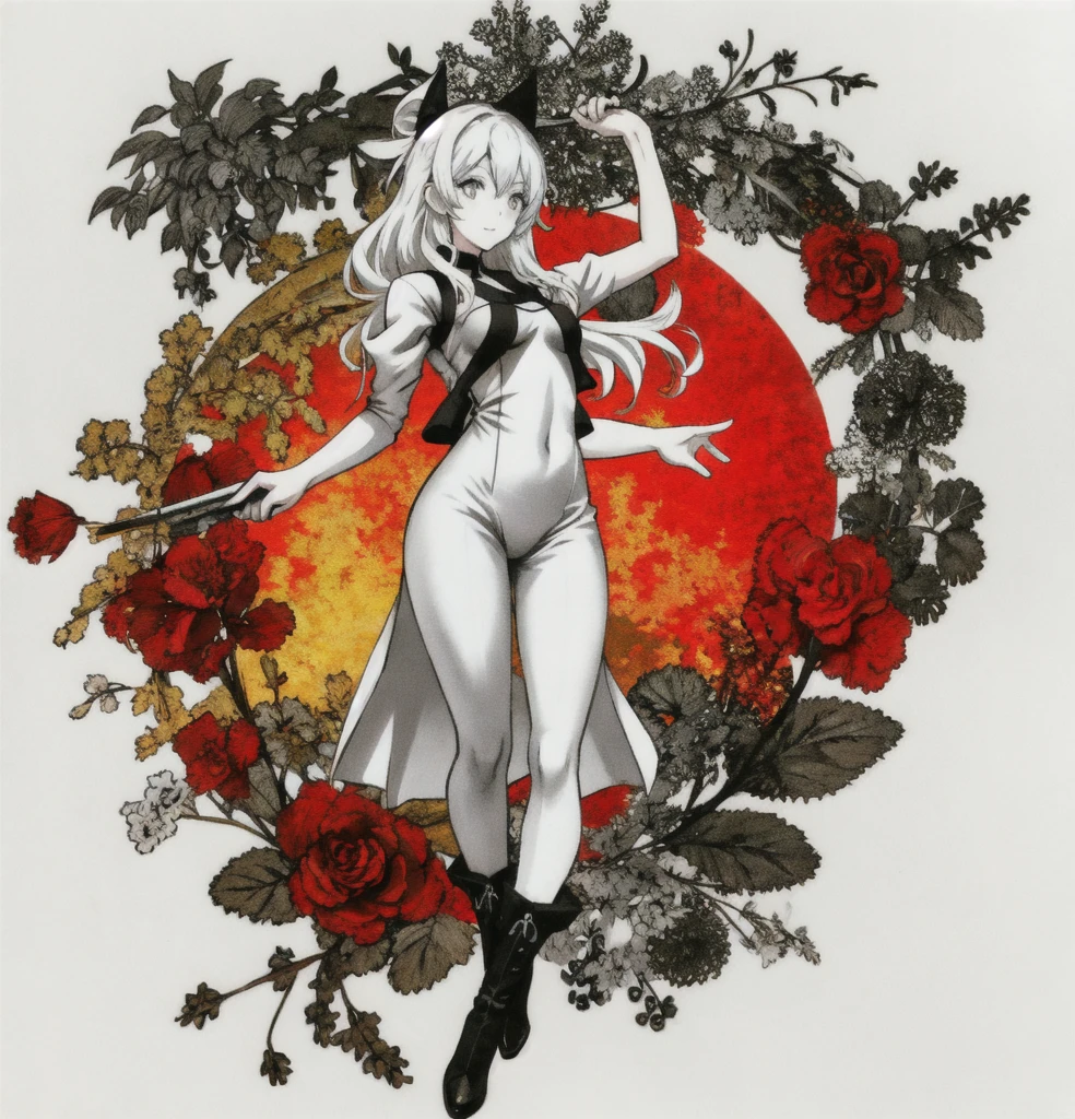 ((best quality)), ((masterpiece)), (detailed), 1girl, Character design, female, dynamic poses, long white grey hair, grey white eyes, very skinny, detailed, best quality, no accesoires around the neck, no shoes, prominent collarbones, skinny arms, flat stomach, visible hip bones, full body, blank white background, plain background, white background, red and white clothing, Bloodborne inspired, occult aesthetic, occult, detailed and intricate steampunk and detailed gothic, NSFW, Very dramatic and cinematic lighting, cosmic horror, grim-dark, side-lighting, perfect face, NSFW, Fluttering lace flared long knee length dress with frilly petticoats, knee length dress, pleated petticoats, petticoats gothic, complex lace boots, side-lighting, gothic aesthetic, wielding a mighty sword with mechanical components, mandalas, small breasts, a fairy, various different types of insect wings, NSFW, full body, whole body, body, plain background, white background, blank background, no background, white background NSFW, chains, full body, whole body, head-to-toe NSFW