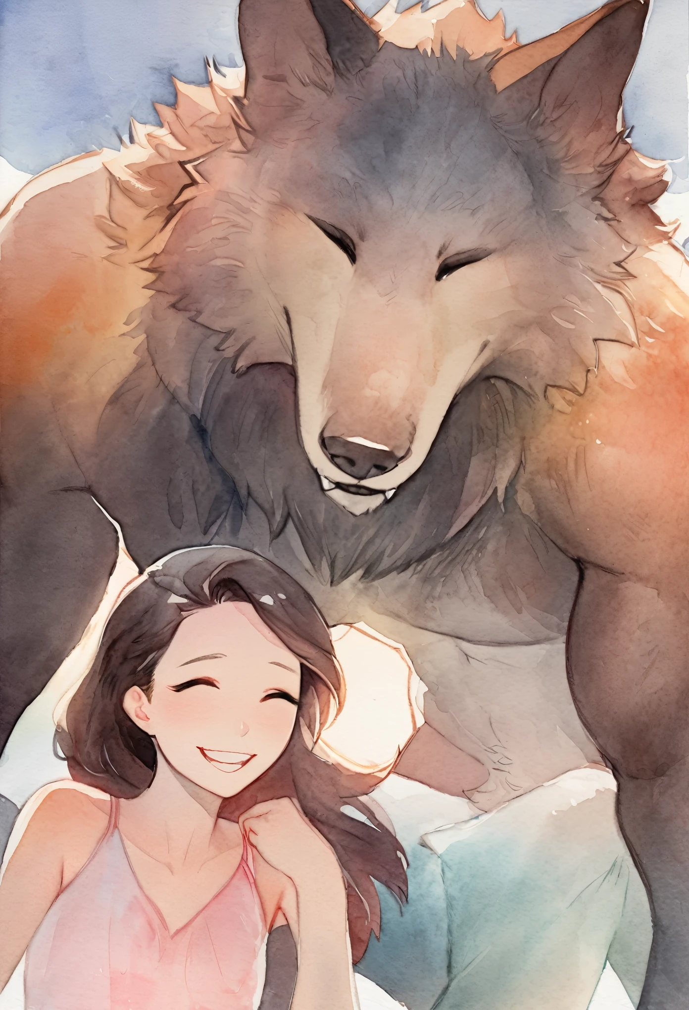 cover page, highres, top quality, best quality, paid reward available, unparalleled masterpiece, perfect artwork, absurdres, High-quality illustrations, watercolor, soft color, love story of human girl and giant Werewolf, love romance, pair, Height difference, Physical difference, perfect anatomy, smile, joyful, play with, smile, happy,