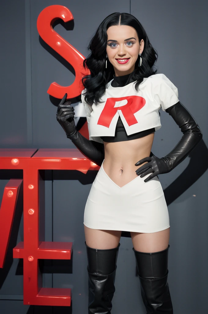 The face of Katy Perry, Team rocket, team rocket uniform, red letter R, white skirt,white crop top,black thigh-high boots, black elbow gloves, evil smile, night sky background, earrings, large breasts, high-heeled boots